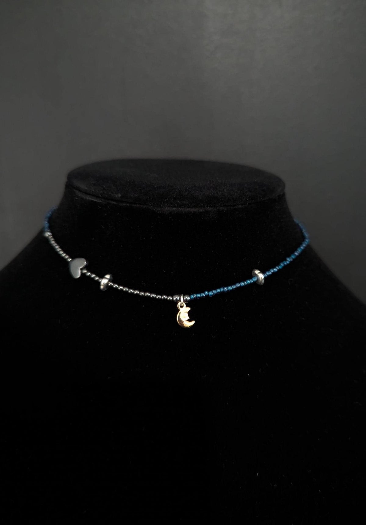 Hematite and blue glass bead celestial necklace