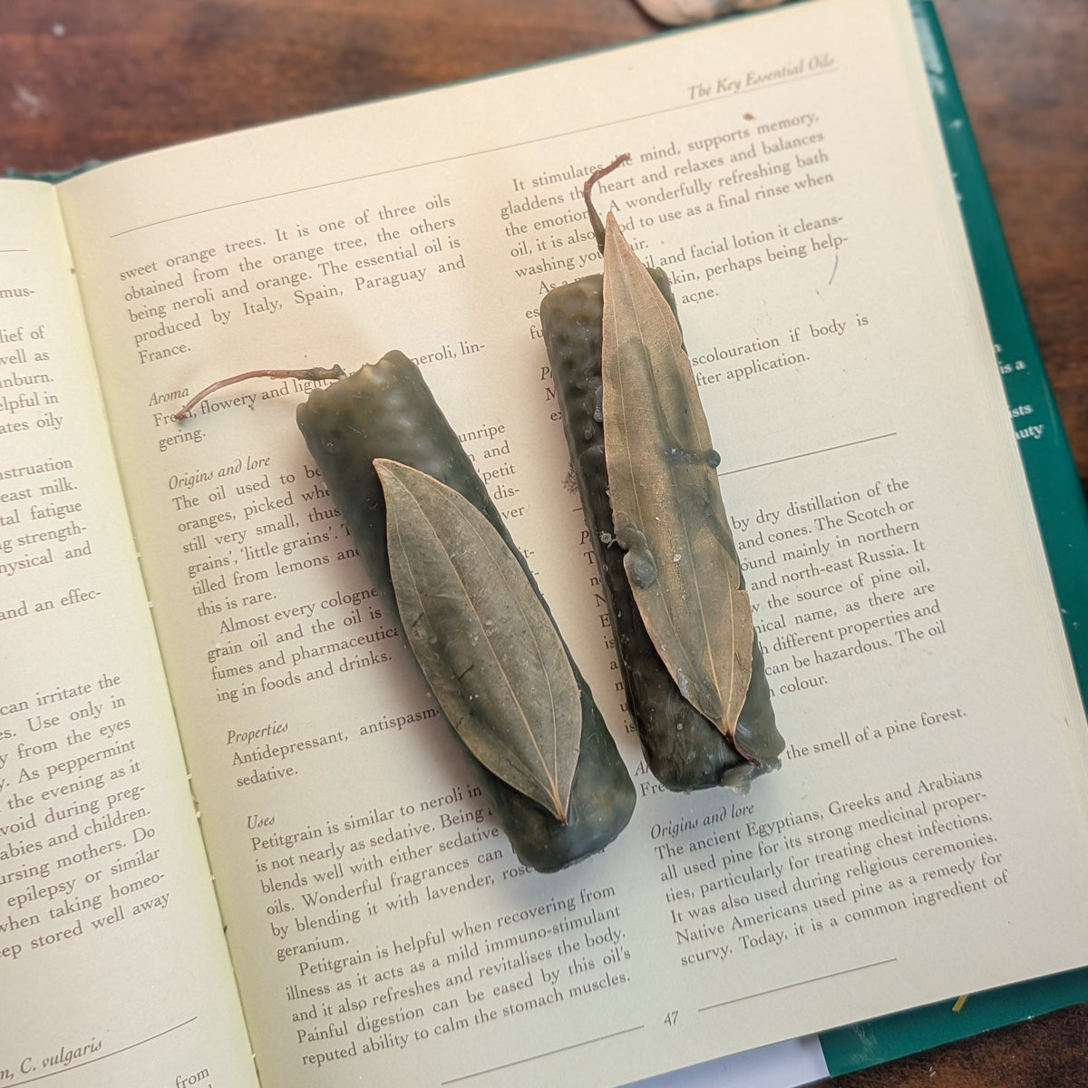 Two prosperity beeswax ritual candles on the pages of an open book, placed on a dark wooden tabletop with small decorative props nearby.