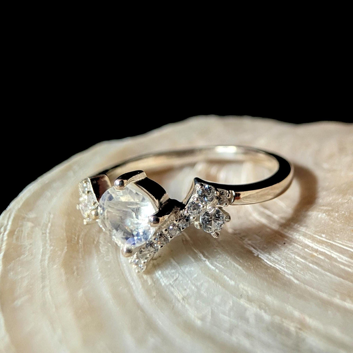 Statement rainbow moonstone & white topaz ring | 925 Sterling Silver