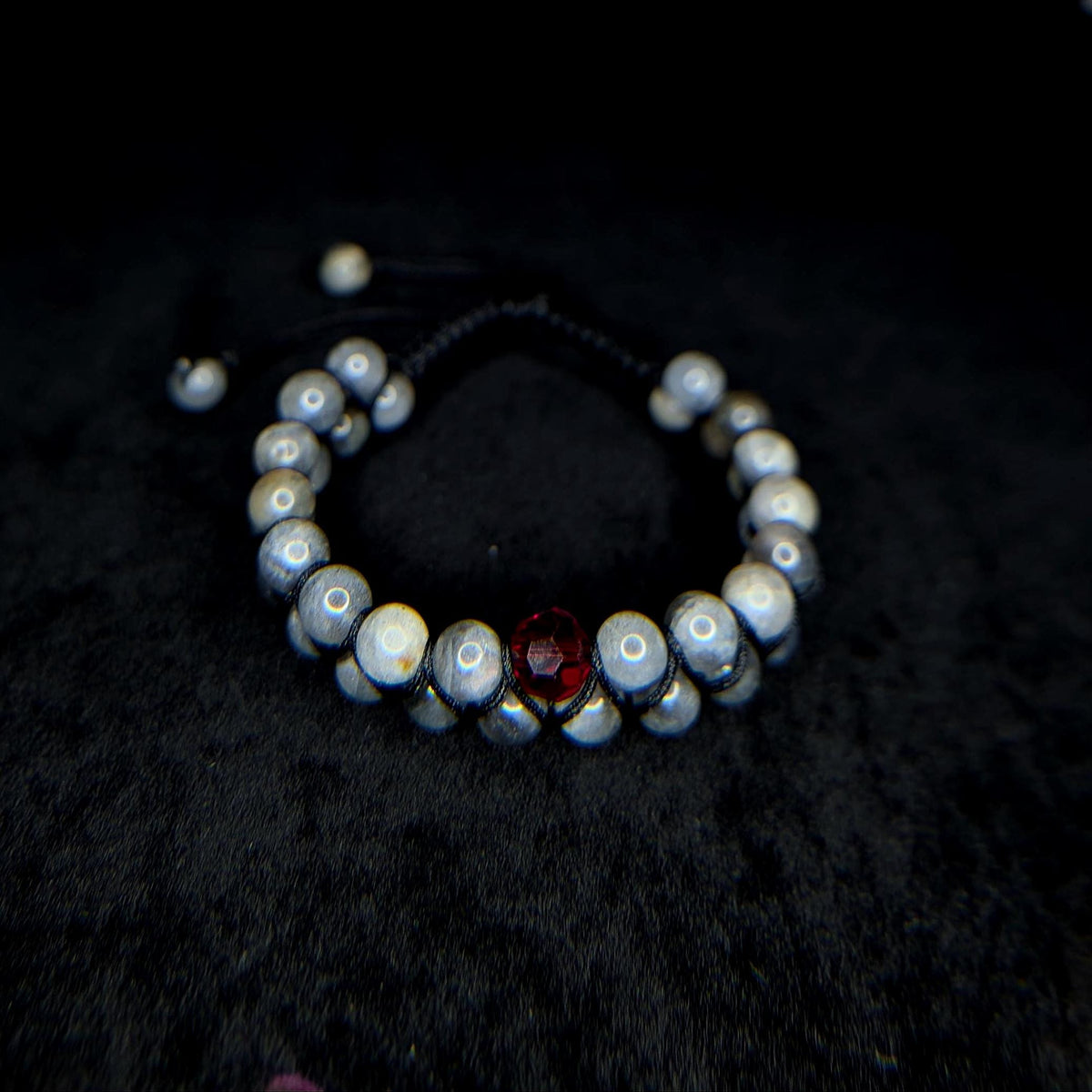 Labradorite with red glass bead double row bracelet