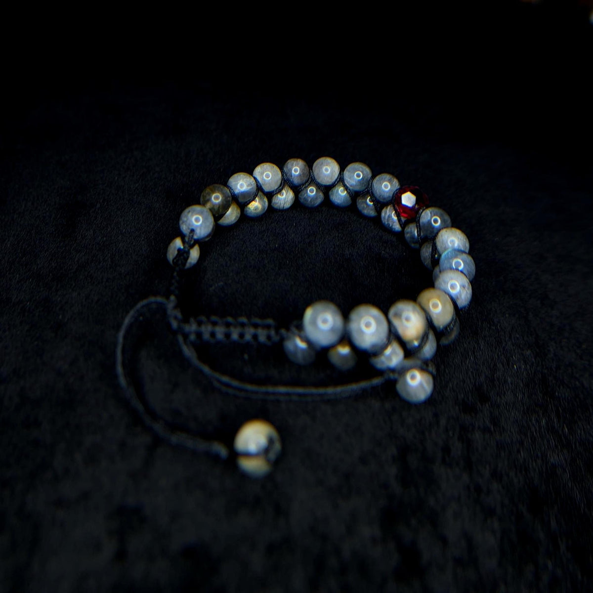 Labradorite with red glass bead double row bracelet