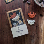 A boxed miniature painting kit labeled 'Tiny Rituals Colour Introduction 4' sits on a dark wooden table, with two painted clay animal faces placed beside the box.