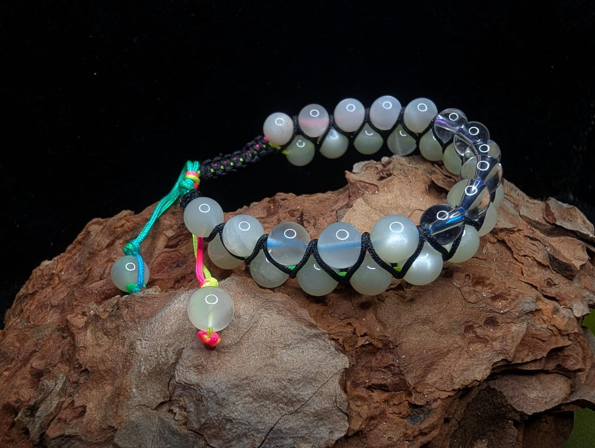 Clear quartz and moonstone double row bracelet | Rainbow or white cord wristband